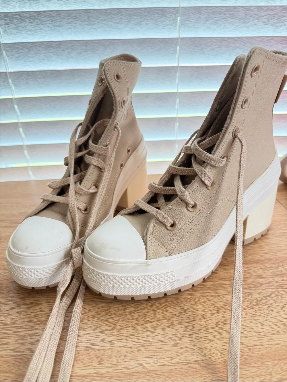 High-Top Platform Sneakers in Beige - Women's Lace-Up Style